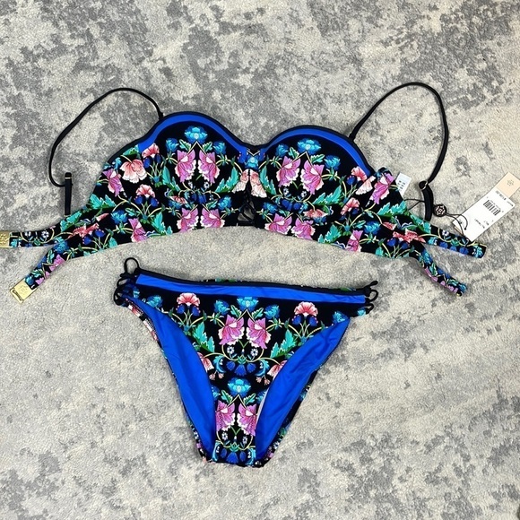 NWT Nanette Lepore Coquette Bikini in Damask Floral Multi Top Bottom Swim Sz L - Picture 3 of 14